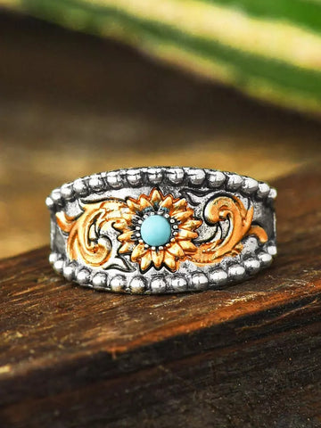 Vintage Embossed Flower Turquoise Ring Rings Anillos Rings For Women Ring Anillos Mujer Bague Femme Jewelry daiiibabyyy